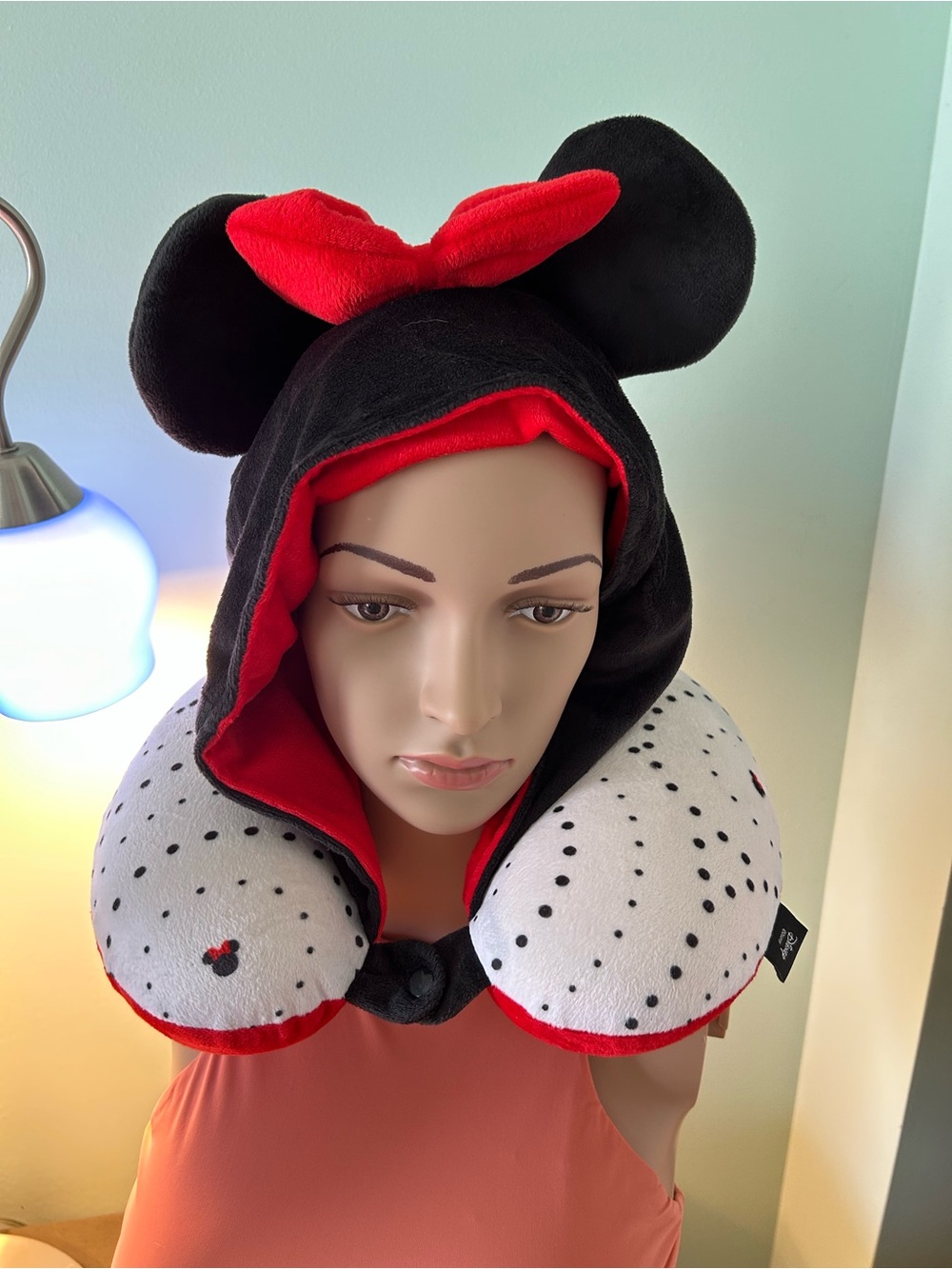 (3) Plush Hooded Travel Pillow with Minnie Ear Bow - Black & Red